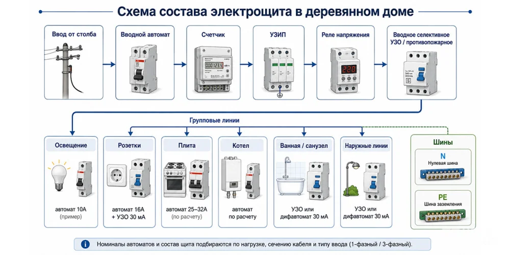 Схема состава электрощита в деревянном доме